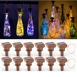 Paquete de 12 luces solares para botellas de vino actualizadas 2024, 20 luces LED de corcho estrellado, mini cadena de luces de cobre para botellas de vino con corcho para Navidad, decoración de boda