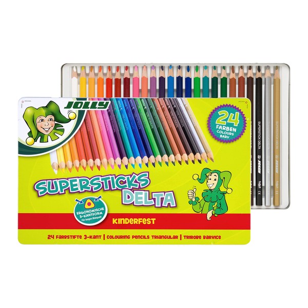 JOLLY Matite colorate Superstick DELTA, matite colorate triangolari, resistenti ai bambini e infrangibili, non tossiche, 24 pezzi in astuccio di metallo