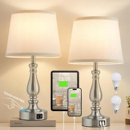 Table Lamps for Bedrooms Set of 2 - Touch Bedside Lamps with USB C+A Ports, 3 Way Dimmable White Nightstand Lamps for End Tables, Farmhouse Night Stand Lamps for Living Room Bed Side Guest Room