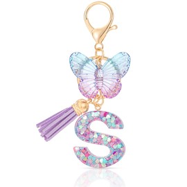 MWOOT Initial keychain, Initial Resin Letter S keychain, Cute Car Keyring, Alphabet Keychains with Tassel Pendant, Keyrings Butterfly Keychains for women,Key Chain for Purse Handbags Charm (S)
