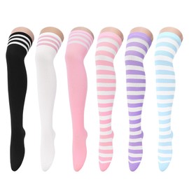 Zando 6 Pairs Striped Thigh High Socks for Women Striped Knee High Socks Thigh Highs Cosplay Stockings Striped Knee Socks Thigh High Stockings Leg Warmers Programming Socks B Colored Stripes*6