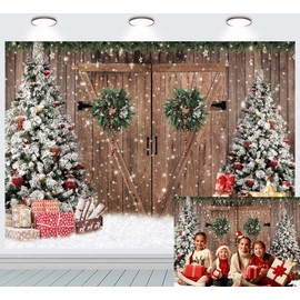 INRUI Christmas Wooden Door Pine Trees Photography Background Glitter Winter Chrisrmas Gift Boxes Family Holiday Party Decoration Backdrop (7x5FT)