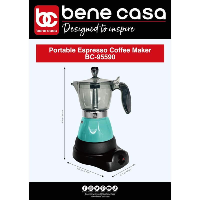 Bene Casa Teal Portable Electric Espresso Maker/Cafetera, 1-3 Cups/Shots (1,