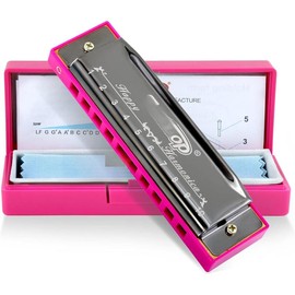 Blues Harmonica, Diatonic 10 Holes C Key Happy Harmonica Mouth Organ for Beginner,,,Students,,with Carrying Plastic Case,Clean Cloth and Manual:_pink-silver