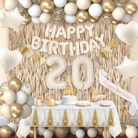 20th Birthday Decorations for Women Girls, Happy 20th Birthday Decorations for Her White and Gold Balloons White Sand Foil Balloons Happy Birthday Banner Fringe Curtain Boho Birthday Party Supplies