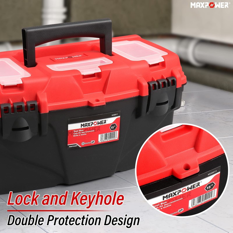MAXPOWER Tool Box 15-Inch, Plastic Tool Boxes with Removable Tray
