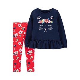 Carter's Baby Girls 2-Piece Kitty L/S French Terry Top & Floral Legging Set (3 Months) Navy