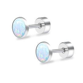 ZDE Titanium Flatback Earrings for Women Opal Fire Snow Stud Earrings Flat Women's Earrings Hypoallergenic Flatback Earring Tragus Helix Tragus Conch Piercing 3 mm - 5 mm, Titanium, Opal