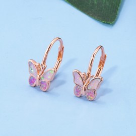 Lasidor Pink/Purple Opal Butterfly Earrings Rose Gold Plated Leverback Earrings Datiny Jewelry Huggie Hoop Earrings for Women