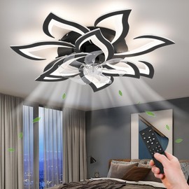 ZHMDJDSH Ceiling Fan with Light Remote Control, 32" Black Flower Ceiling Fan with Lights, Low Profile Flush Mount Ceiling Fan for Kitchen Bedroom Living Room