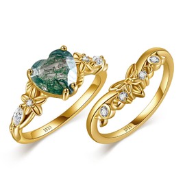 JIARUI Natural Moss Agate Ring 925 Sterling Silver Green Moss Agate Ring Inlay 14K platinum Ring Plated Engagement Wedding Jewelry Gift for Women Ring Set Fit Size 6