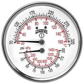 Winters TTD Series Steel Dual Scale Tridicator Thermometer with 2" Stem, 0-200psi/kpa, 3" Dial Display, ±3-2-3% Accuracy, 1/2" NPT Back Mount, 70-320 Deg F/C