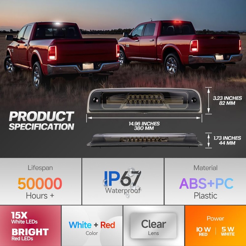 Led Third Brake Light for 2009-2018 Dodge Ram 1500/2010-2024 Ram