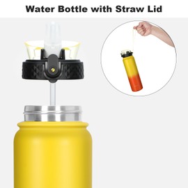 OLDLEY Stainless Steel Water Bottle with Straw 1L Vaccum Insulated Large Drink Flask Metal Water Bottles 1 Litre Leakproof Keep Drinks Hot Cold for Sports Gym Bike Adult(Yellow Orange, 1 Lid)