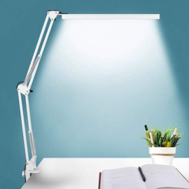 LED Desk Lamp, BZBRLZ Metal Swing Arm Lamp, Eye-Caring Architect Task Lamp, Dimmable Office Table Lamp with 3 Color Modes, 10 Brightness Levels & Adapter, Memory Function(White)