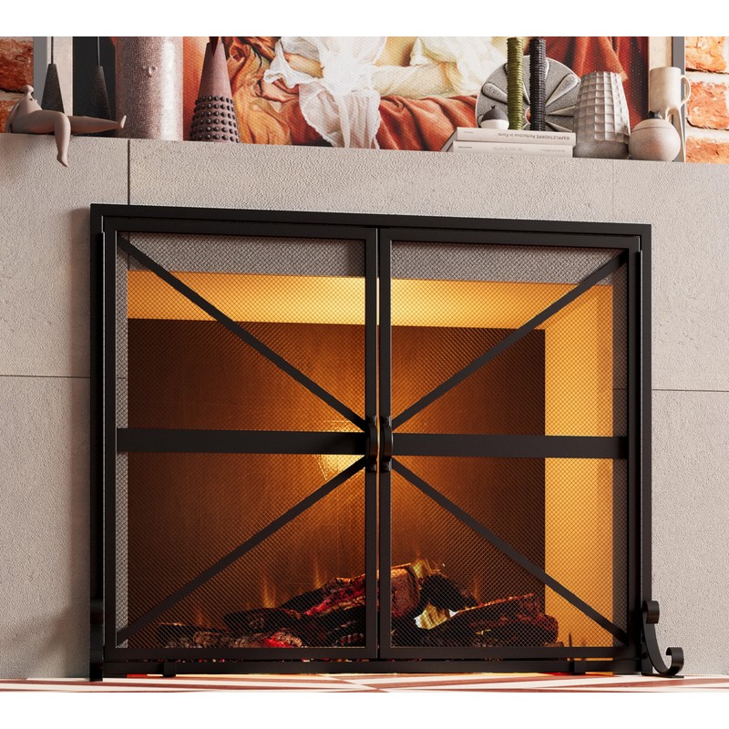 Fire Beauty Fireplace Screen with Doors, 2-Pannel Handcrafted Solid Wrought