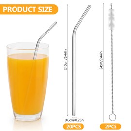 20 Pack Reusable Stainless Steel Straws, 304 Metal Straws Set, Comes with 2 Cleaning Brushes, Eco-Friendly, Dishwasher Safe, Suitable for Iced Coffee and Drinks.