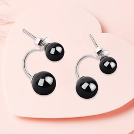 Hmzidz Simple Plain Black/Red Onyx Round Bead Ball Stud Earrings For Women,925 Sterling Silver Drop Earrings,Dangle Earrings with Double Gemstone,Fashion Jewellery For Ladies Girls (Black)