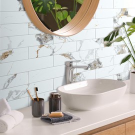 AULIGET 40-Piece Polished White Marble with Gold Peel and Stick Backsplash Wall Tiles, 3" x 12" PVC Faux Stone Stick on Tiles for Backsplash Kitchen, Bathroom, Laundry Room, Camper, Fireplace