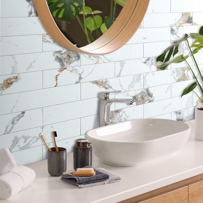 AULIGET 40-Piece Polished White Marble with Gold Peel and Stick