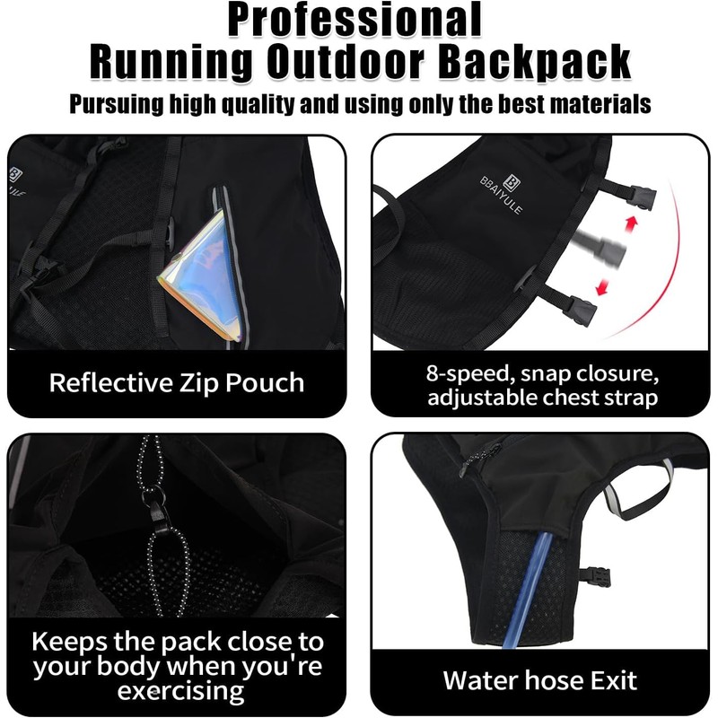 BBAIYULE Hydration Running Vest, 470ml Water Bottle, 9 Pockets, Reflective