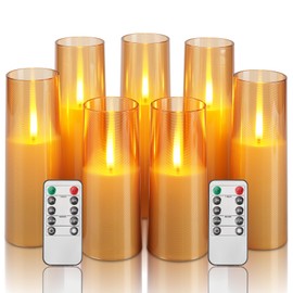Homemory Amber Flameless Battery Operated LED Candles with Remote Control, Flickering Pillar Candles, 7-Piece Set for Multi-Use Decor, Timer Function Included
