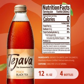 Tejava Peach Black Iced Tea, 4 Pack, 12oz Glass Bottles, Unsweetened, Non-GMO, Kosher, No Sugar or Sweeteners, No calories, No Preservatives, Brewed in Small Batches