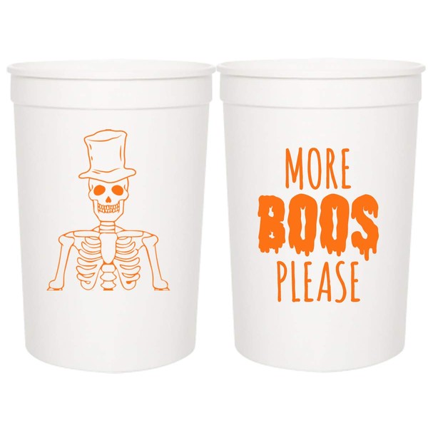 "Here for the Boos" Or"More Boos Please" - Halloween Party Cups - Set of 12 Orange and White 16oz Stadium Cups, Perfect for a Halloween Party, Halloween Favors, Trick or Treat Supplies (White)