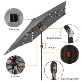 Blissun Square Patio Umbrella with 28 LED Lights, Solar Umbrella Table Market Umbrella with Tilt and Crank Outdoor Umbrella for Garden, Deck, Backyard, Pool and Beach, Dark Grey