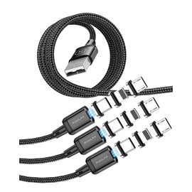 KUULAA 3Pack Magnetic Charging Cable USB C,3A Fast Charging/Data Transmission with 3 in 1 Charging Tips Nylon-Braided Phone Compatible for iProduct/Type C/Micro Device Black(3.3ft/6.6ft/6.6ft)