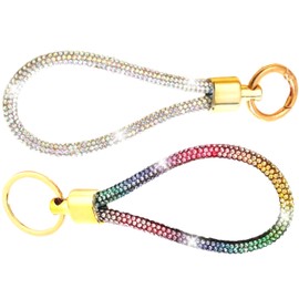 Rainbow Rhinestone and Silver Keychain Sparkle, Bling Glitter Crystal Lanyard Key Chain, 2 PCS, Wristlet Bangle Key Ring Holder for Women Girls Bag Purse Backpack Tote, Rainbow Silver, One Size