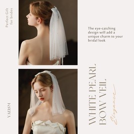 YAEISM Bachelorette Veil Pearl Bow Veil White Tulle Short Wedding Veils for Brides Satin Bowknot Pearl with Hair Clips Elegant Bridal Accessories for Women and Girls