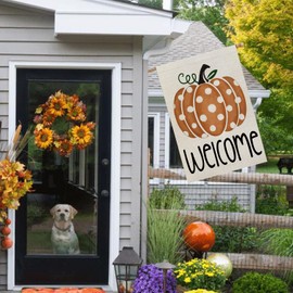 CROWNED BEAUTY Fall House Flag 28x40 Inch Double Sided Burlap Large for Outside Welcome Orange Pumpkin Stripes Yard Flag CF1153-40