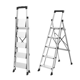 HBtower 5 Aluminum Step Ladder, Strudy Ladders for Home with Tool Tray, Anti-Slip Folding Step Stool for Adults, Light Weight Portable 330lbs Safety for Kitchen Warehouse Outdoor Work