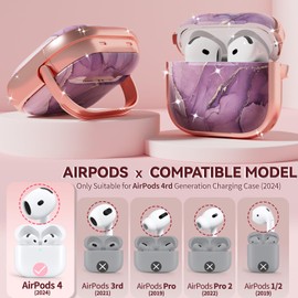 with Safety Lock for AirPods 4 Case 2024,Cute Floral for AirPods 4th Generation Case,Air Pod 4 Case for Women Girly, AirPod 4 with Active Noise Cancellation Case with Cleaner Kit - Purple Gold Marble