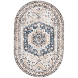 Unique Loom Oxford Collection Area Rug - Sheldonian (5' 1" x 8' Oval, Cream/ Navy Blue)
