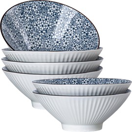 Dyware 38 oz Japanese Ramen Bowls Set of 6, Large Pho Bowls, 8 Inch Ceramic Blue and White Soup Bowls, Floral Pattern
