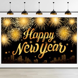 New Year's Eve Decoration 2025 Happy New Year Banner, New Year Background Banner, Black Gold, Extra Large Fabric New Year's Eve Banner, Decoration New Year's Eve Party 2025 for New Year Indoor and