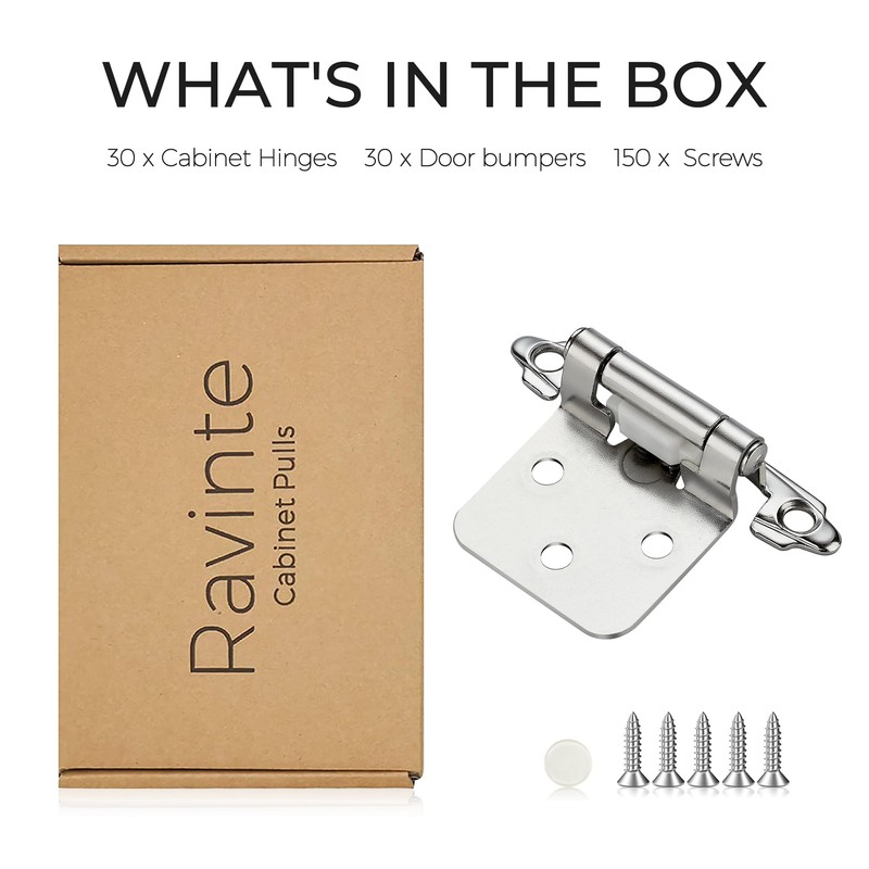 Ravinte 30 Pack (15 Pairs) 1/2" Overlay Cabinet Hinges, Self-Closing