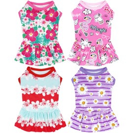 JpGdn 4PCS Dog Dresses Shirts for Large Dogs Girl Female Pink Purple Red Skirts Summer Clothes Pet Apparel Floral Sundress Small Daisy Unicorn Stretchable Lightweight Outfit L
