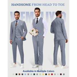 Wemaliyzd Mens Suit 3 Piece Summer Linen Suits for Men Light Blazer Coat Waistcoat Expendable Waist Pants Grey Large