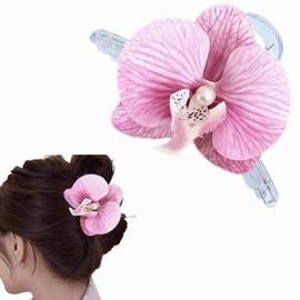 Pink Flower Hair Claw Clips Hawaiian Tropical Orchid Hair Clips with Pearl Bohemian Hairpins with Artificial Silk Flowers for Women Beach Wedding Accessories &Summer Vacation