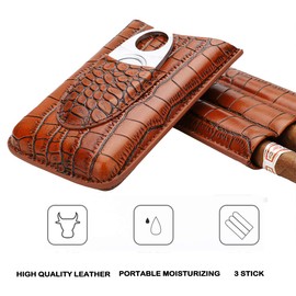 Time C club Cigar Case Leather for 3 Cigars Crocodile Skin-Style Burgundy Leather,Cigar case with Cigar Cutter, Groomsmen Gift, Birthday Gift, Fathers Day Gift, Anniversary Gift