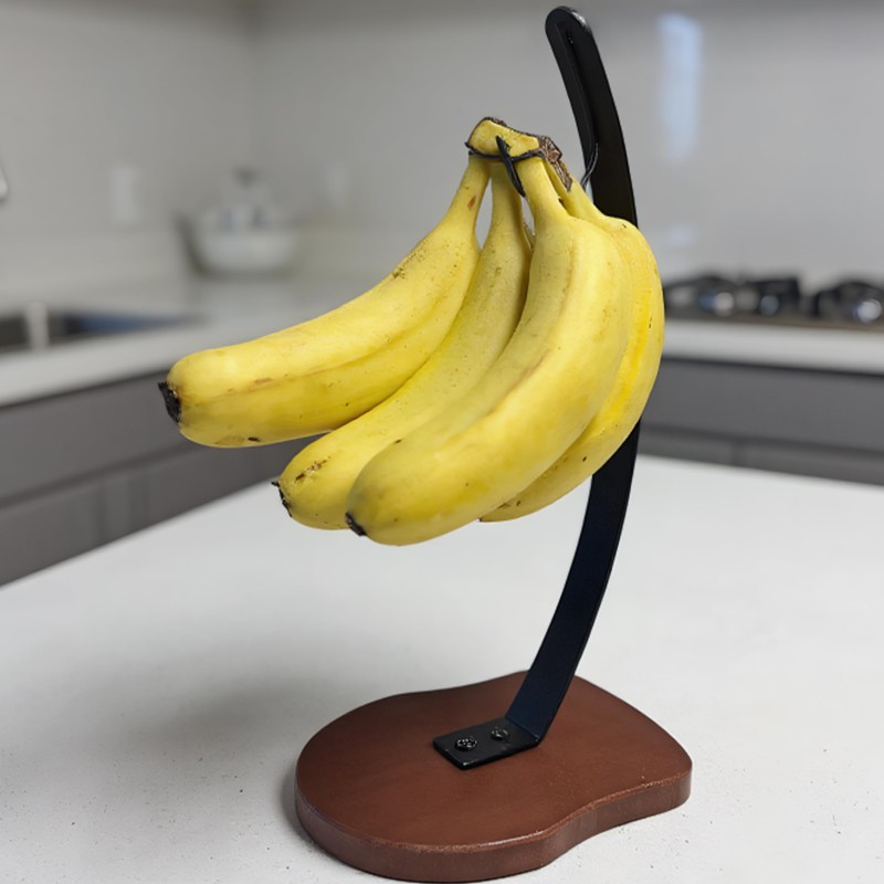 Modern Banana Stand with Wooden Base, 33 cm Height, Metal