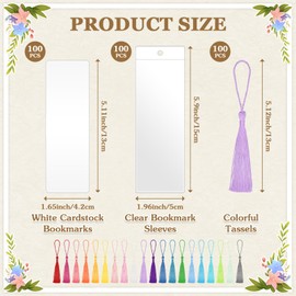 100 Sets Kraft Paper Blank Bookmarks with Tassels and Clear Bookmark Sleeves, Cardstock DIY Bookmark Making Kit for DIY Craft Projects, Gift Tag, School Supply, Party Favor