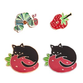 Wixine 4Pcs Strawberry Caterpillar Enamel Pin Cartoon and Fruit Cat Pins Black Cat Brooches for Women