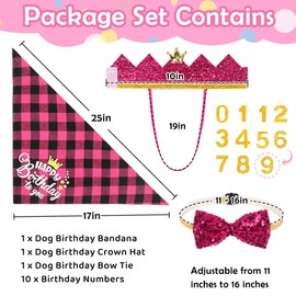 Vivifying Dog Birthday Bandana Set, Dog Birthday Hat Set with Cute Doggie Bow Tie, Triangle Scarf Dog Birthday Present for Dog Decoration(Large,Pink)