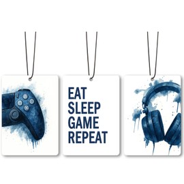 Dimurela Eat Sleep Game Repeat Car Air Freshener Accessories 3pcs, Gaming Hanging Air Fresheners Decor for Teen Boys Closet Playroom, Blue Car Scent Fragrance Card Gifts for Gamer Men Drawer