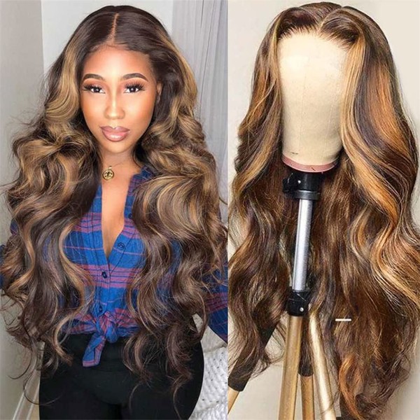 61 cm Highlight 4/27 Body Wave 13 x 6 T Part Lace Front Wigs Human Hair Msgem Brazilian Body Wave Lace Front Wigs 150% Density Pre Plucked with Baby Hair Ombre 4/27 Colour Human Hair Wigs