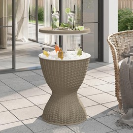 vidaXL 3-in-1 Outdoor Patio Table with Built-in Ice Cooler, Cocktail Table, and Coffee Table, Light Brown Polypropylene Material with Imitation Rattan Design
